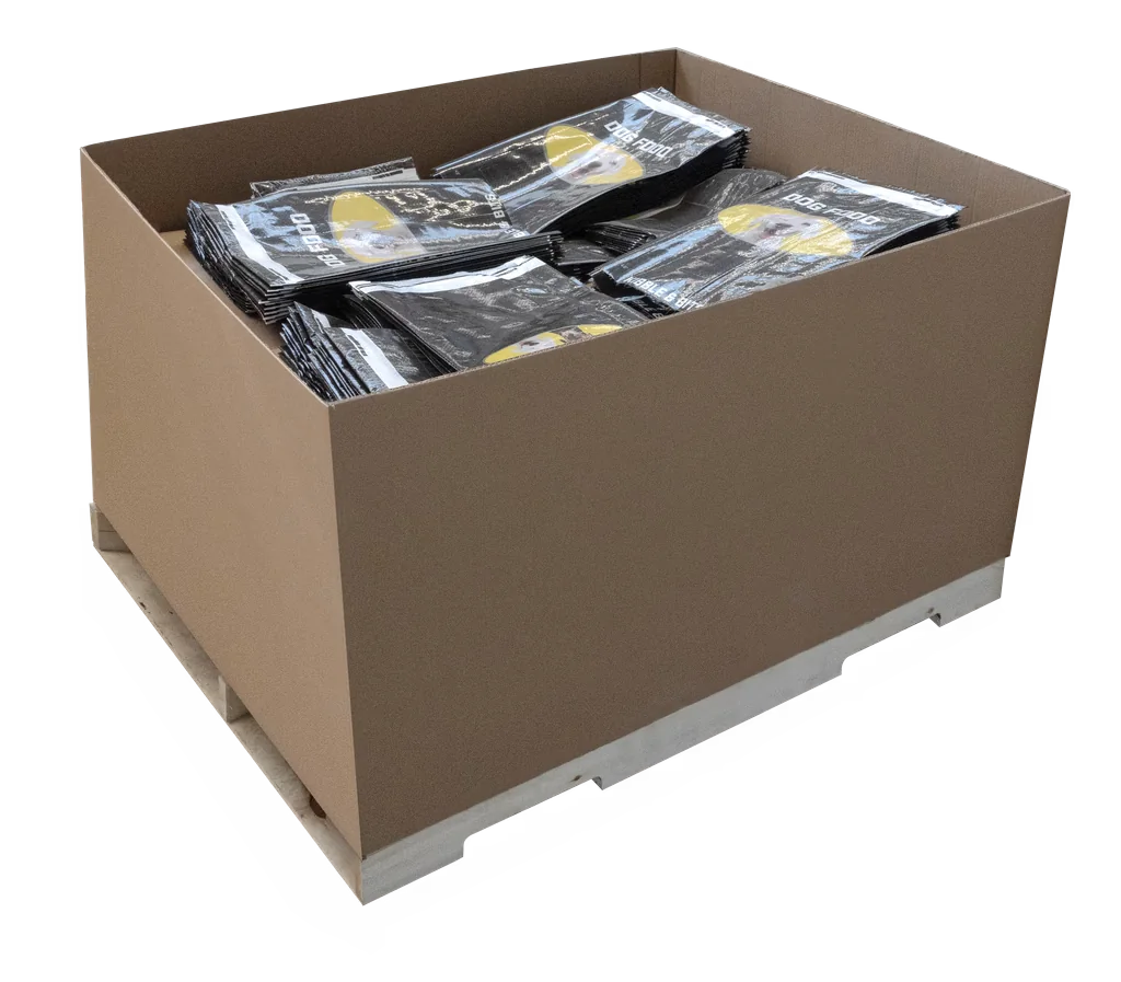 Palletized stacks of finished bags from the LEAP system