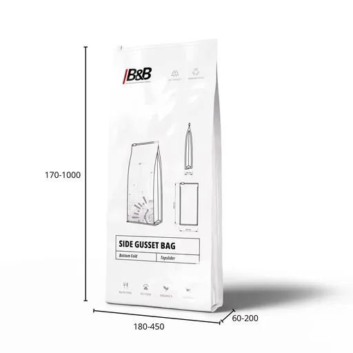 Side gusset bag dimensions — width 180–450 mm, length 170–1,000 mm, side gusset 60–200 mm
