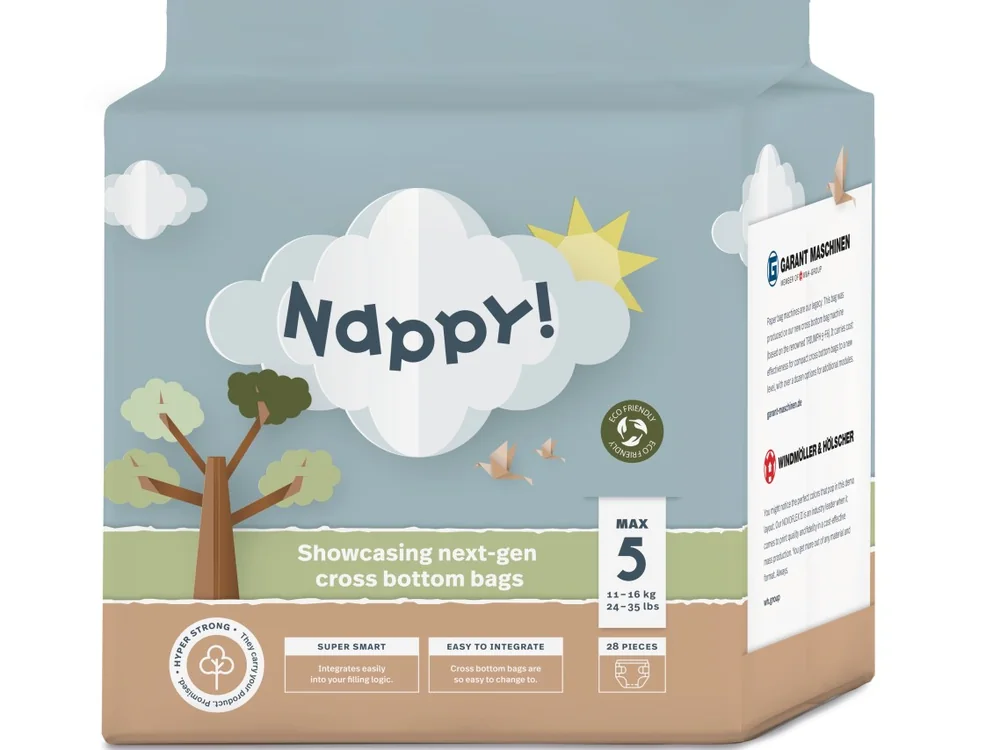 Printed cross-bottom retail paper bag produced on the Garant EXTRA 5-FS