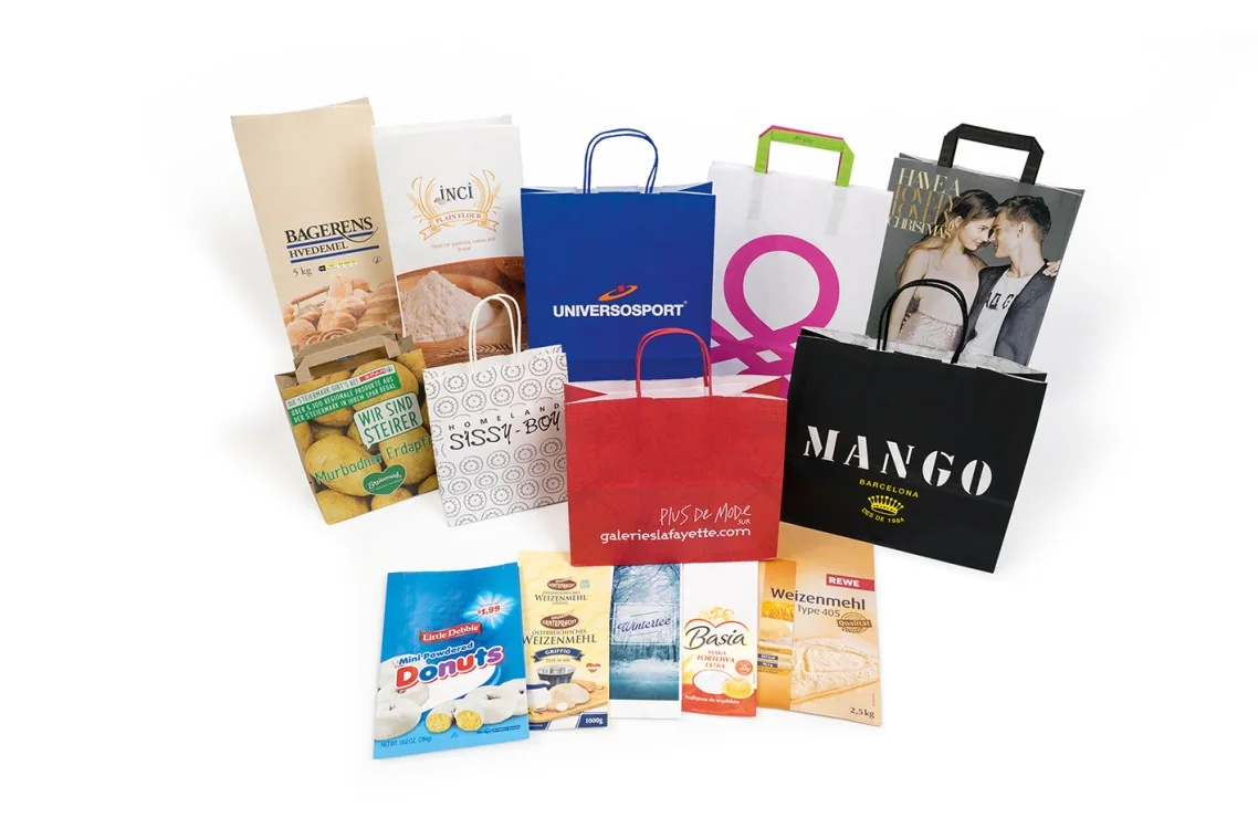Range of finished paper bags produced on the Garant TRIUMPH 3 MR