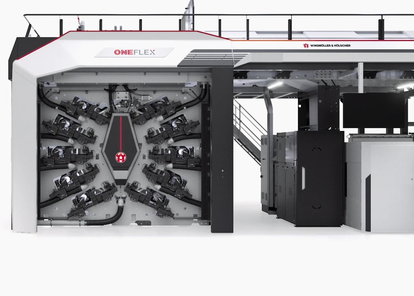 W&H ONEFLEX with the print deck opened, showing the colour decks around the central impression drum