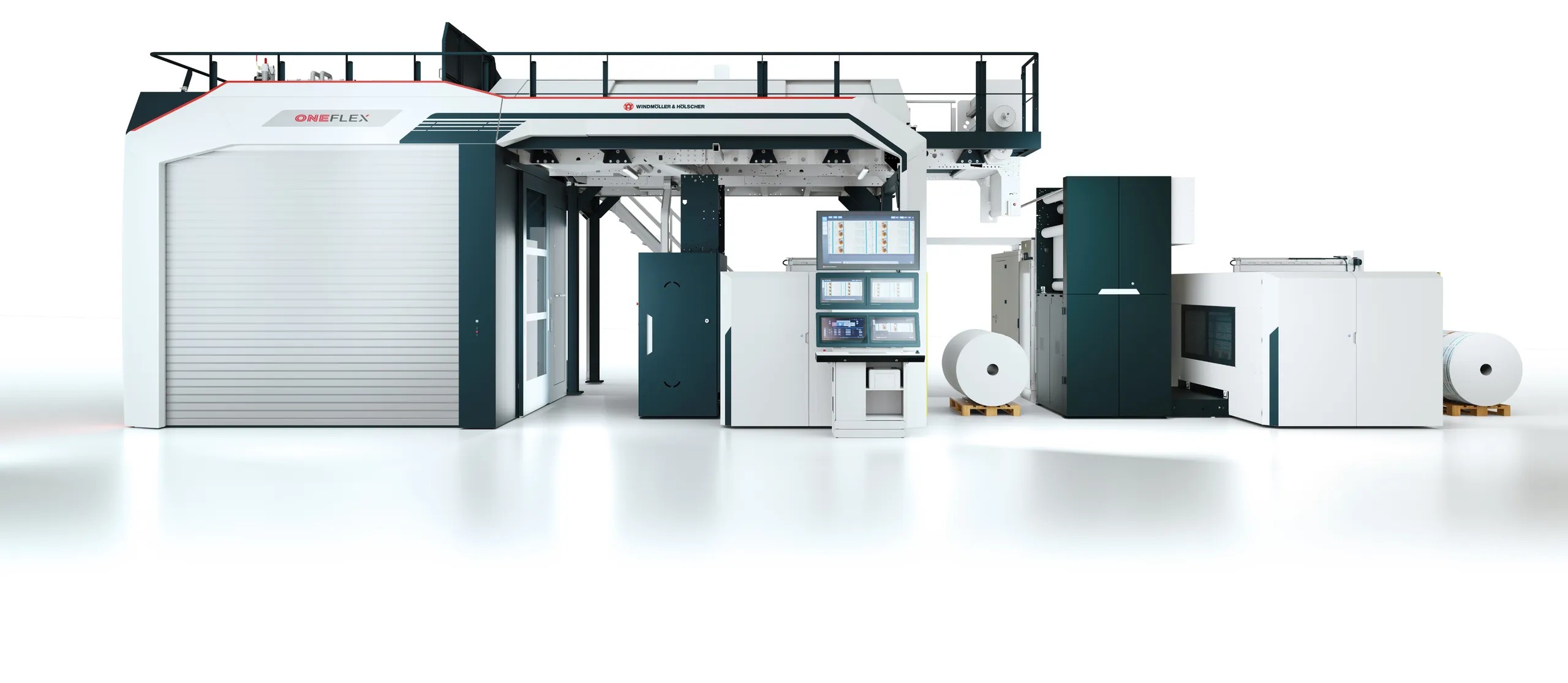 W&H ONEFLEX CI flexo press, full front view with operator station and unwind